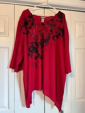 Catherines Red Floral Sequin Asymmetric Tunic